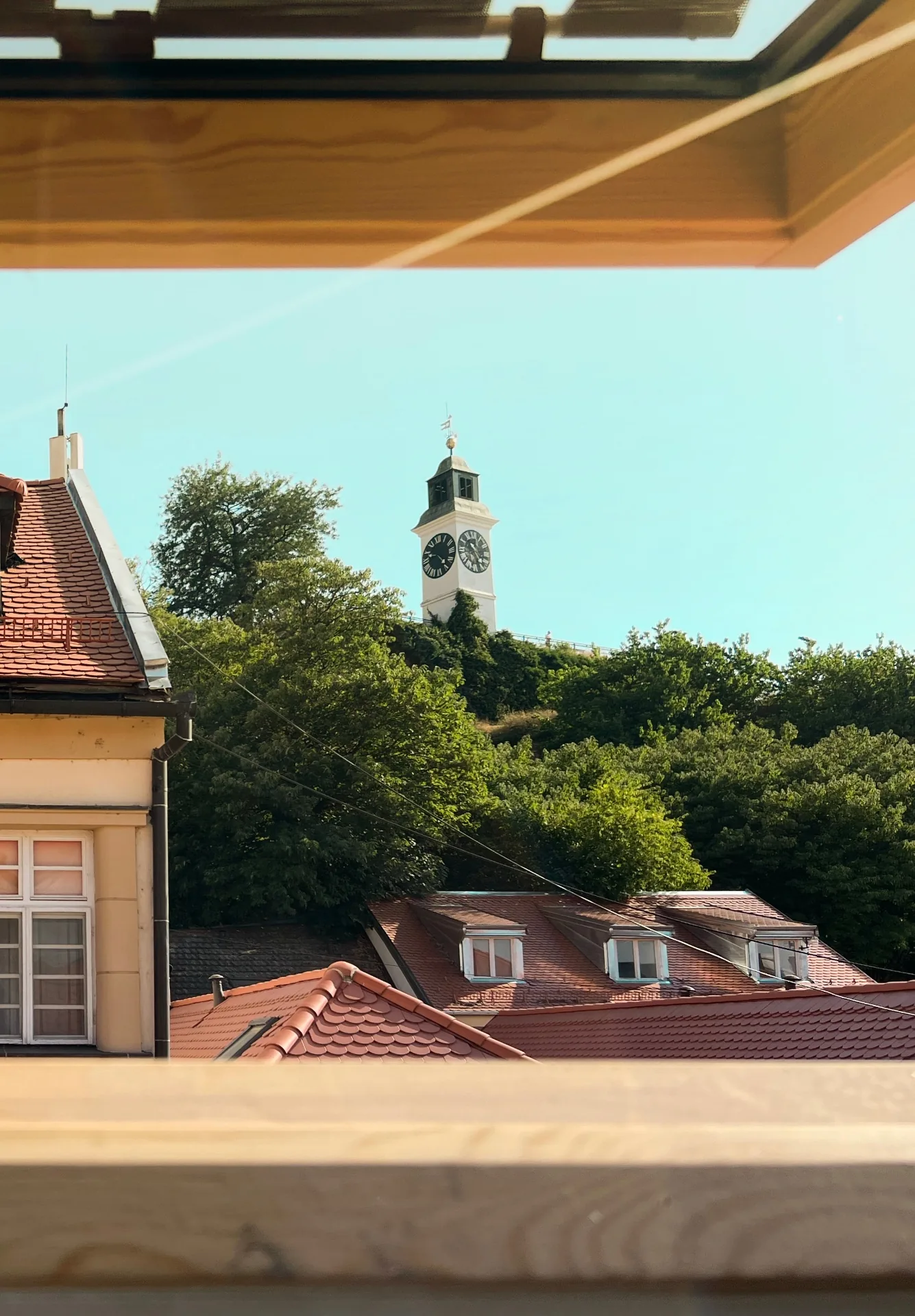 Petrovaradin Fortress clock tower seen from the loft skylight